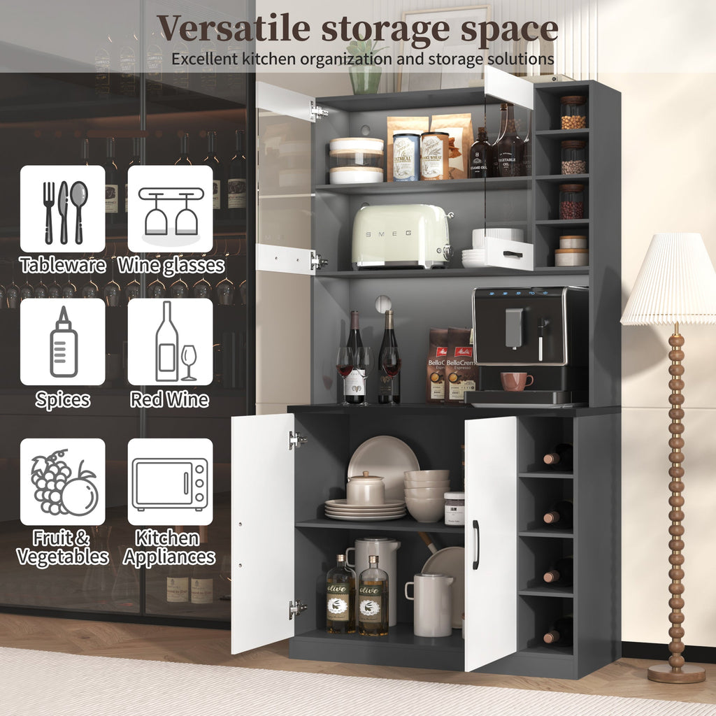 Kitchen Tall Cabinet, Pantry With LED Ambient Lighting, Wooden Kitchen Cupboard, Large Space For Microwave, Freestanding, Height-adjustable Side Storage Shelves