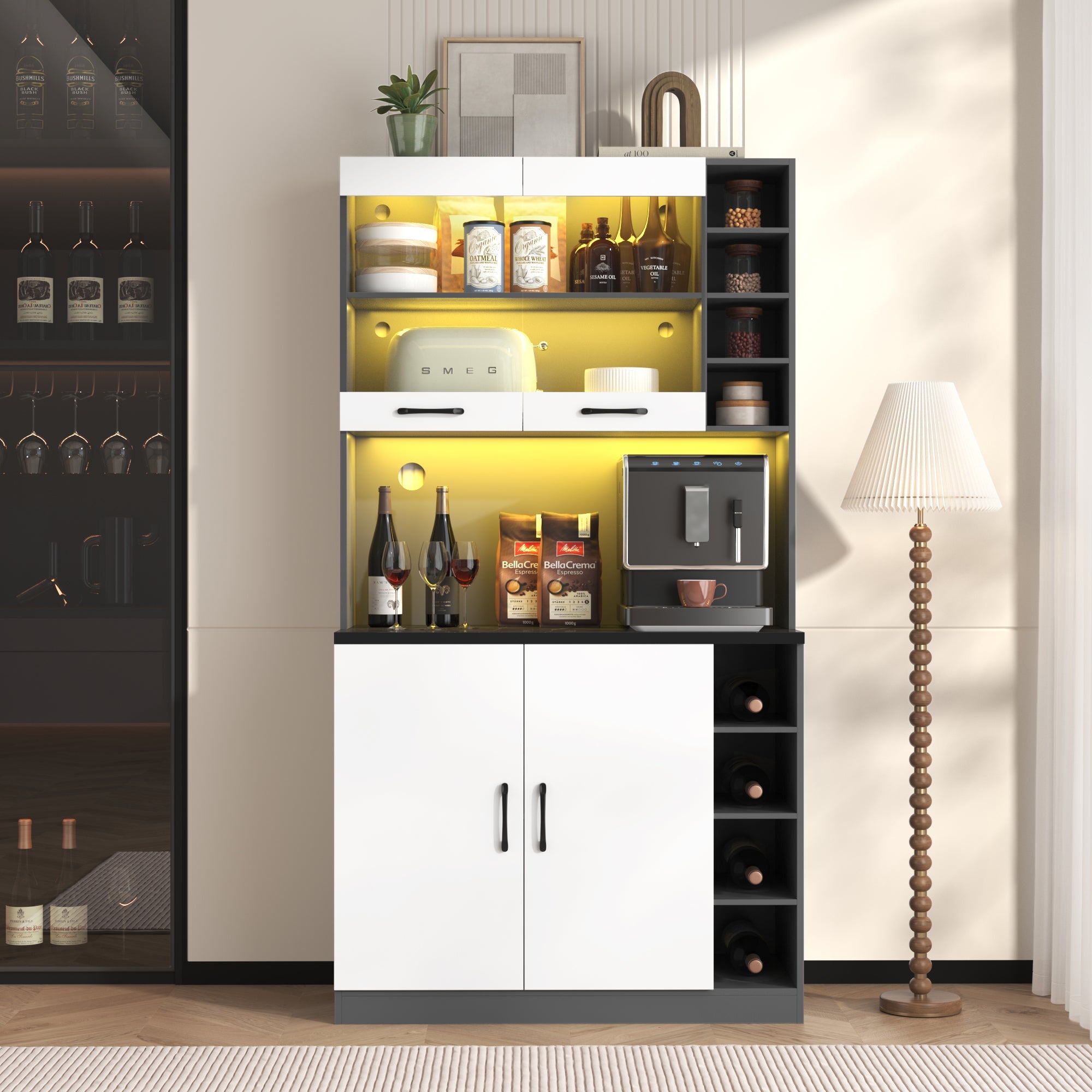 Kitchen Tall Cabinet, Pantry With LED Ambient Lighting, Wooden Kitchen Cupboard, Large Space For Microwave, Freestanding, Height-adjustable Side Storage Shelves