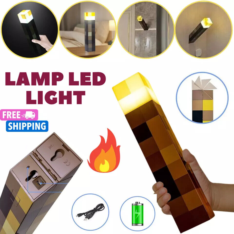 Minecraft Game Torch Lamp Led Night Light Home Decors USB Rechargeable Kids Gift
