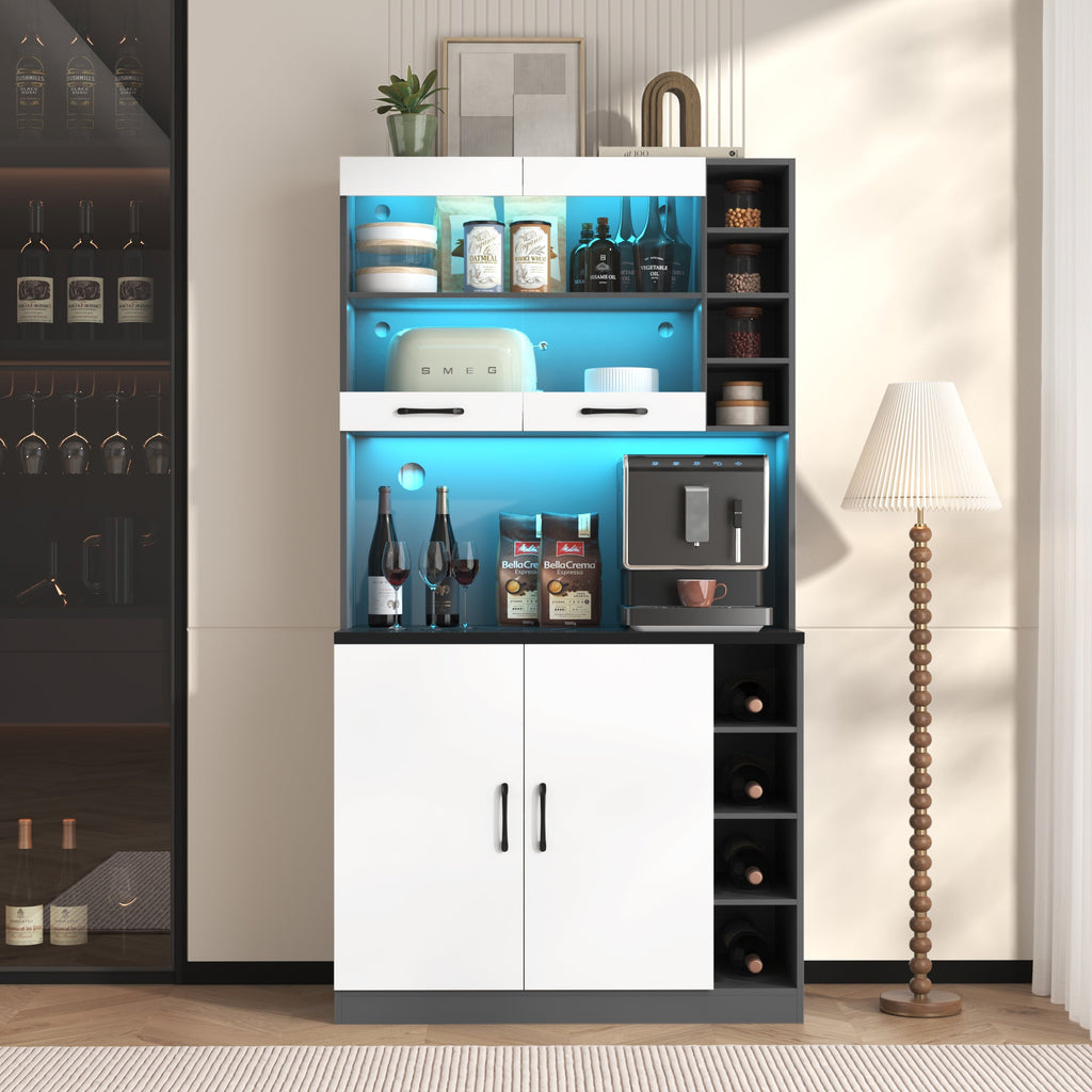 Kitchen Tall Cabinet, Pantry With LED Ambient Lighting, Wooden Kitchen Cupboard, Large Space For Microwave, Freestanding, Height-adjustable Side Storage Shelves